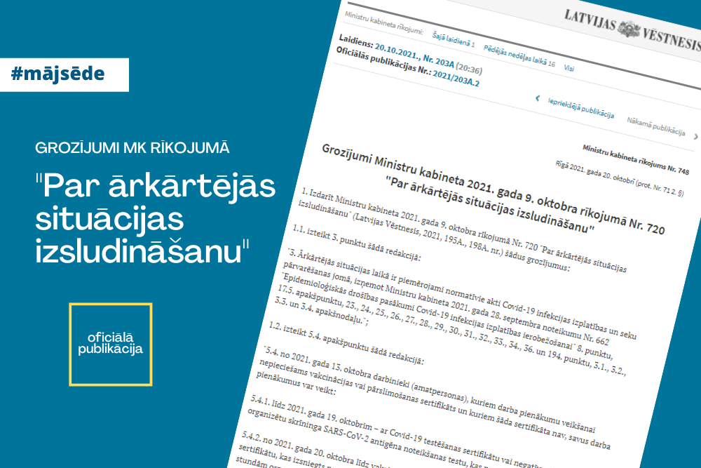 "Latvijas Vēstnesī" oficiālās publikācijas: Latvijā līdz 14. novembrim noteikta “mājsēde”   
