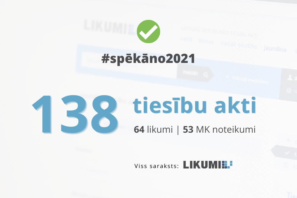#Spēkāno2021: 1. janvārī stājas spēkā 64 likumi un 53 Ministru kabineta noteikumi