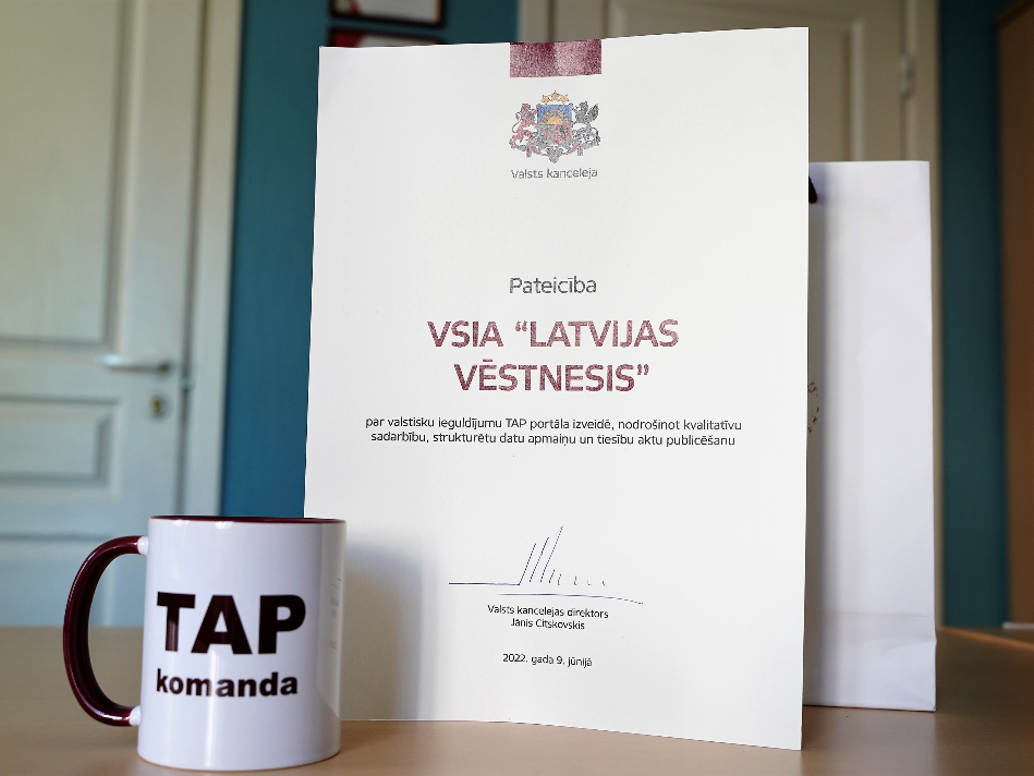 "Latvijas Vēstnesis" saņēmis atzinību par dalību TAP projektā