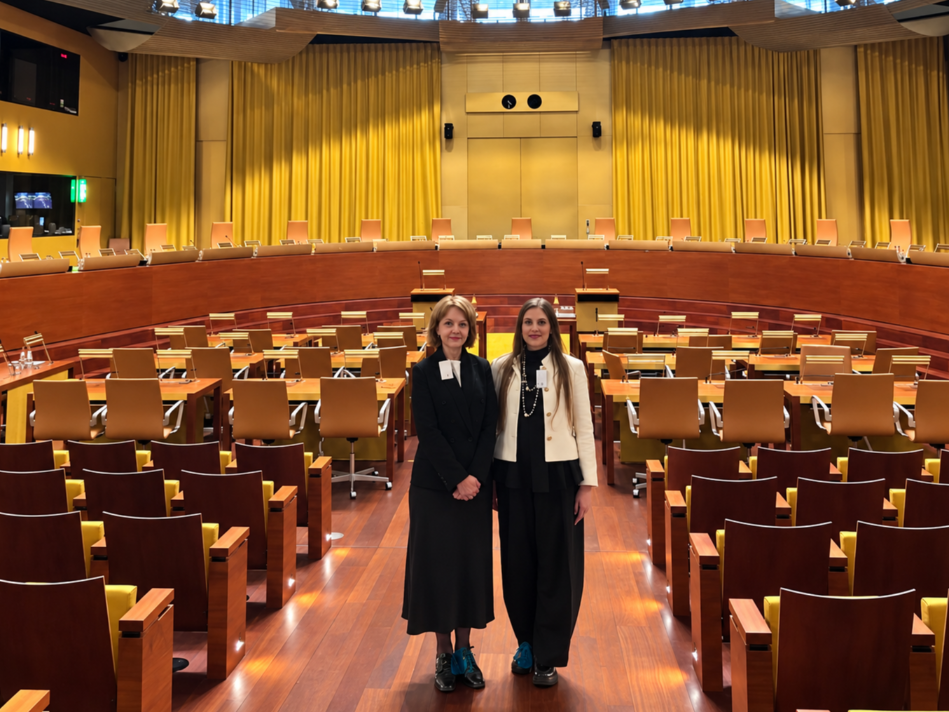 Divas personas stāv plašā konferenču zālē ar pusapļa izkārtojumā izvietotām sēdvietām.