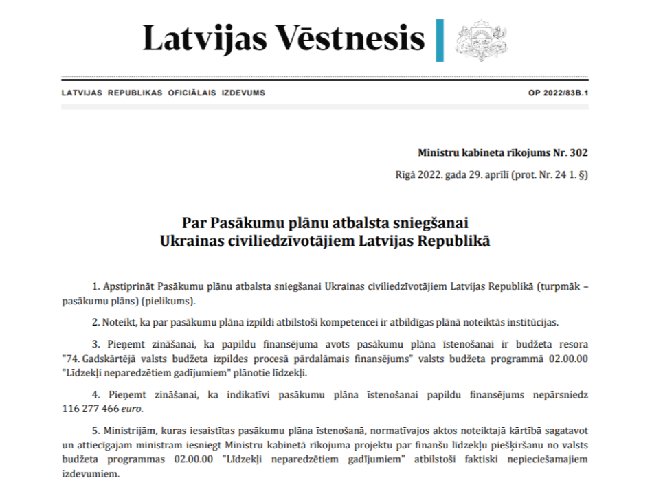 "Latvijas Vēstnesī" publicēts Pasākumu plāns atbalsta sniegšanai Ukrainas civiliedzīvotājiem
