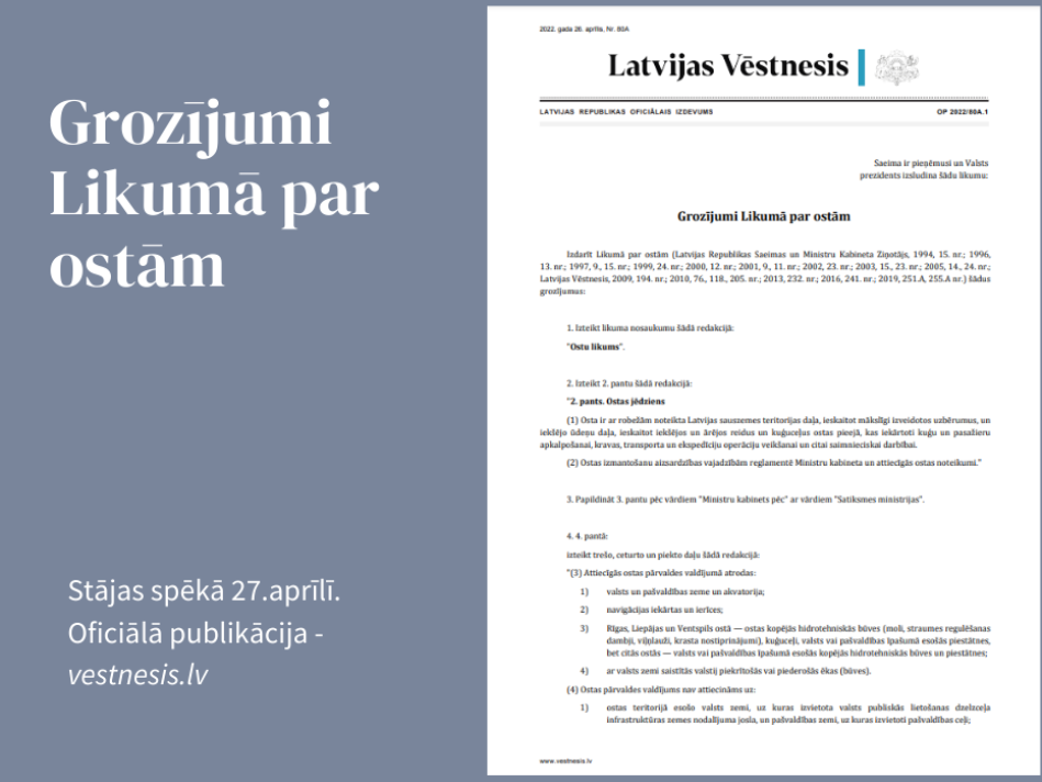"Latvijas Vēstnesī" izsludina grozījumus Ostu likumā 